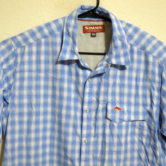 Simms Shirt Mens 2XL Short Sleeve Snap Button Vented Fishing Blue White Striped - Picture 1 of 7